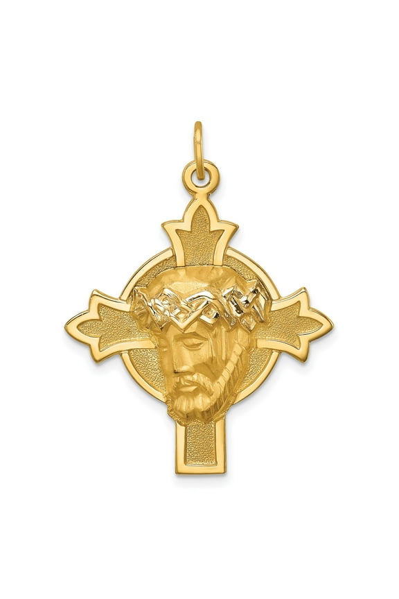 14k Yellow Gold Jesus Face Pendant with Crown of Thorns on Celtic Cross, Christian Religious Medal for Men and Women, Catholic Faith Charm Necklace Jewelry