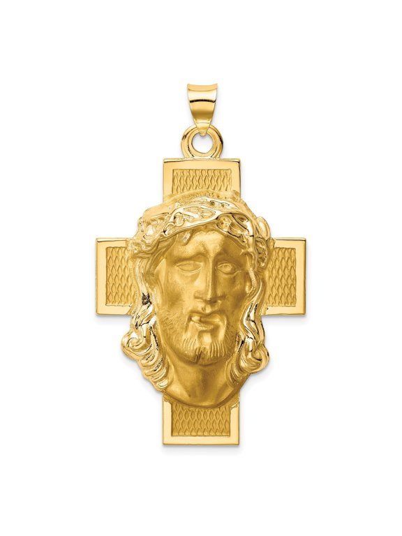 14k Yellow Gold Jesus Face Pendant with Crown of Thorns on Cross Background, Christian Religious Necklace for Men, Spiritual Symbol of Faith Devotion