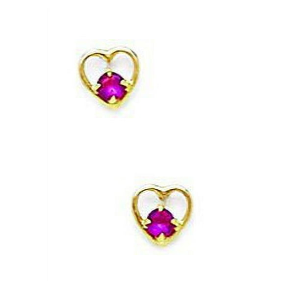 14k Yellow Gold July Red 2x2mm Cubic Zirconia Heart Screw-Back Earrings - Measures 4x4mm