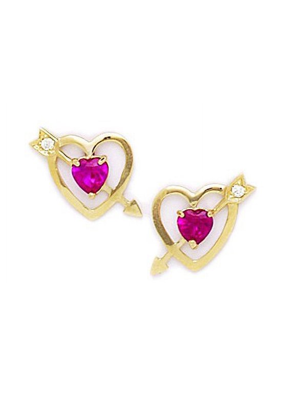 14k Yellow Gold July Red CZ Large Cupids Arrow Screw-Back Earrings - Measures 11x13mm
