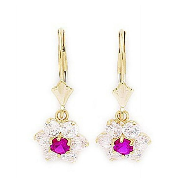 14k Yellow Gold July Red CZ Large Flower Drop Leverback Earrings - Measures 25x10mm