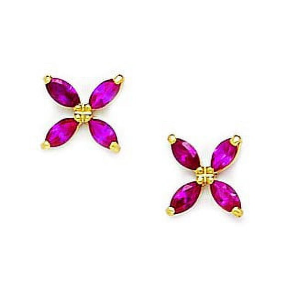 14k Yellow Gold July Red CZ Medium 4 Petal Flower Screw-Back Earrings - Measures 8x8mm