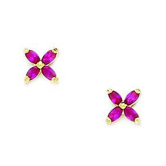 14k Yellow Gold July Red CZ Small 4 Petal Flower Screw-Back Earrings - Measures 5x5mm