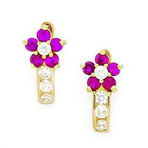 14k Yellow Gold July Red Cubic Zirconia Flower Leverback Earrings - Measures 13x7mm