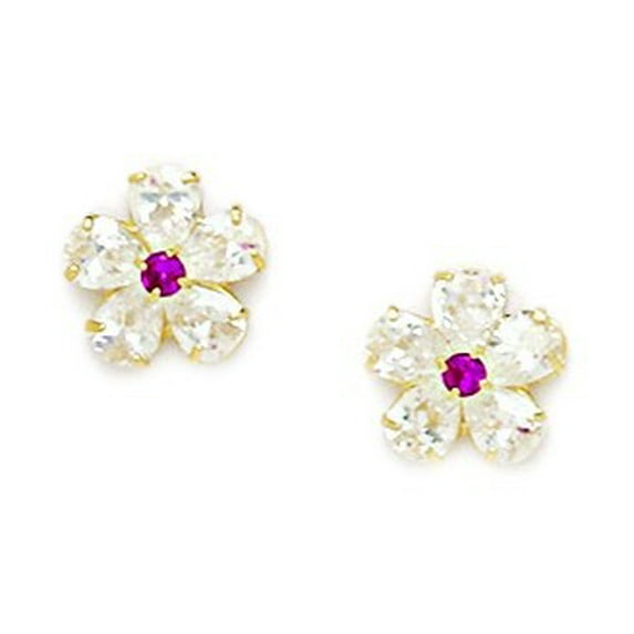 14k Yellow Gold July Red Cubic Zirconia Flower Screw-Back Earrings - Measures 9x9mm