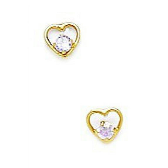 14k Yellow Gold June Lt-Purple 2x2mm CZ Heart Screw-Back Earrings - Measures 4x4mm