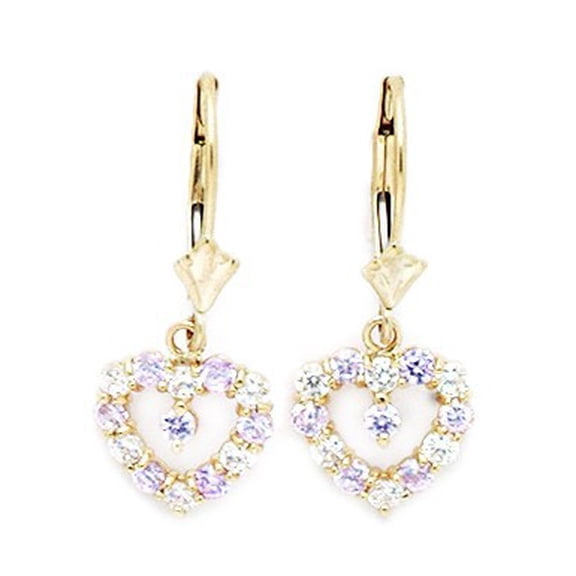 14k Yellow Gold June Lt-Purple CZ Heart Drop Leverback Earrings - Measures 25x11mm