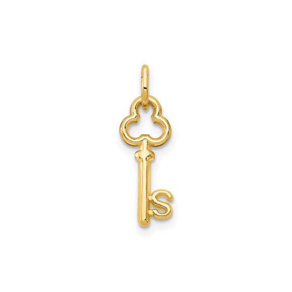 14k Yellow Gold Key Pendant with Clover Top and Letter S Accent, Symbolic Initial Charm for Women or Unisex, Personalized Monogram Jewelry for Love and New Beginnings
