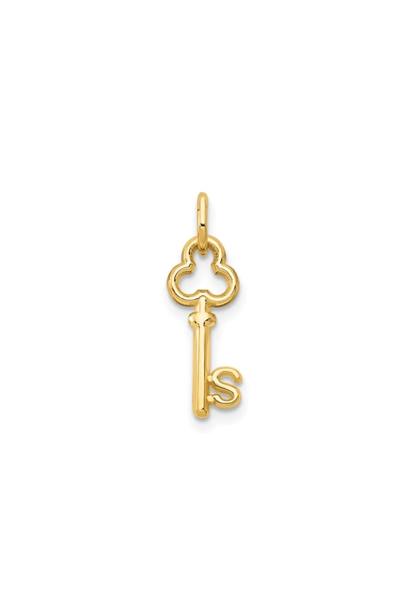 14k Yellow Gold Key Pendant with Clover Top and Letter S Accent, Symbolic Initial Charm for Women or Unisex, Personalized Monogram Jewelry for Love and New Beginnings