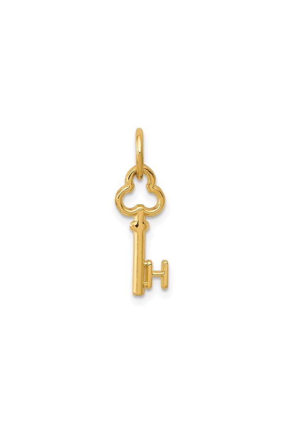 14k Yellow Gold Skeleton Key Pendant Charm, Polished Vintage Design for Women