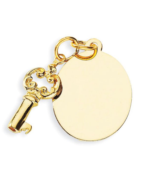 14K Yellow Gold Polished Engraveable Disc and Key Charm