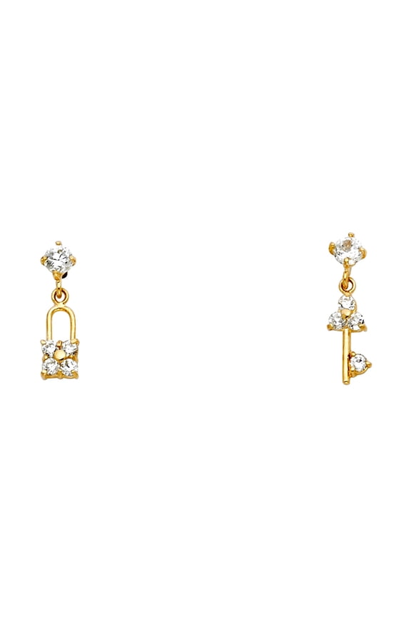 14k Yellow Gold Key and Lock Cubic Zirconia Stud Screw Earrings Stud Earring for Women