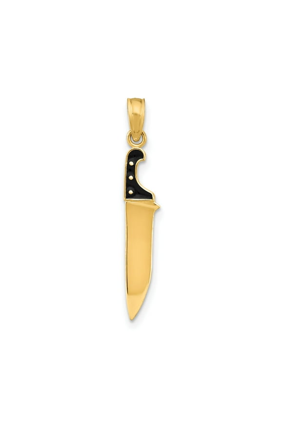 14k Yellow Gold Knife Pendant with Black Handle, Unisex Tactical Survival Necklace for Men and Women, Outdoor Culinary Collector Jewelry