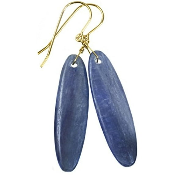 14k Yellow Gold Kyanite Earrings Deep Blue Smooth Long Narrow Teardrop Dangle Drop 2 Inches Designed for Adult Women and s