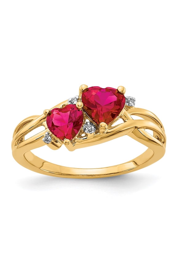 14k Yellow Gold Lab Created Ruby and Diamond Double Heart Ring Fine Jewelry For Women Gifts For Her, Size 7