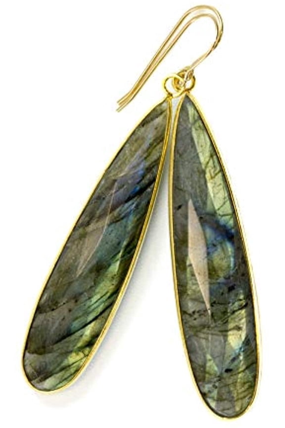14k Yellow Gold Labradorite Earrings Goldtone Bezel Set Blue Flash Faceted Large Long Drops 2 Inches Designed for Adult Women