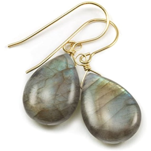 14k Yellow Gold Labradorite Earrings Smooth Fat Teardrop Blue Green Gold Flash Simple Dangle Drops Designed for Adult Women