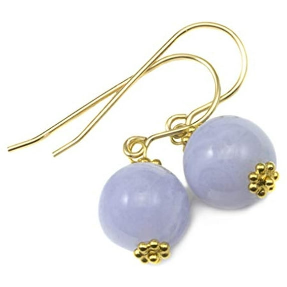 14k Yellow Gold Lace Blue Agate Earrings Smooth Round Simple Dainty Beaded Goldtone Accents Banded Designed for Adult Women and s