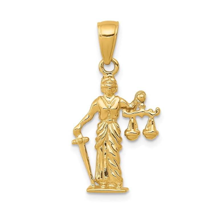 14k Yellow Gold Lady Justice Pendant with Scales and Sword for