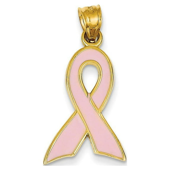 14k Yellow Gold Large Enameled Pink Awareness Ribbon Pendant