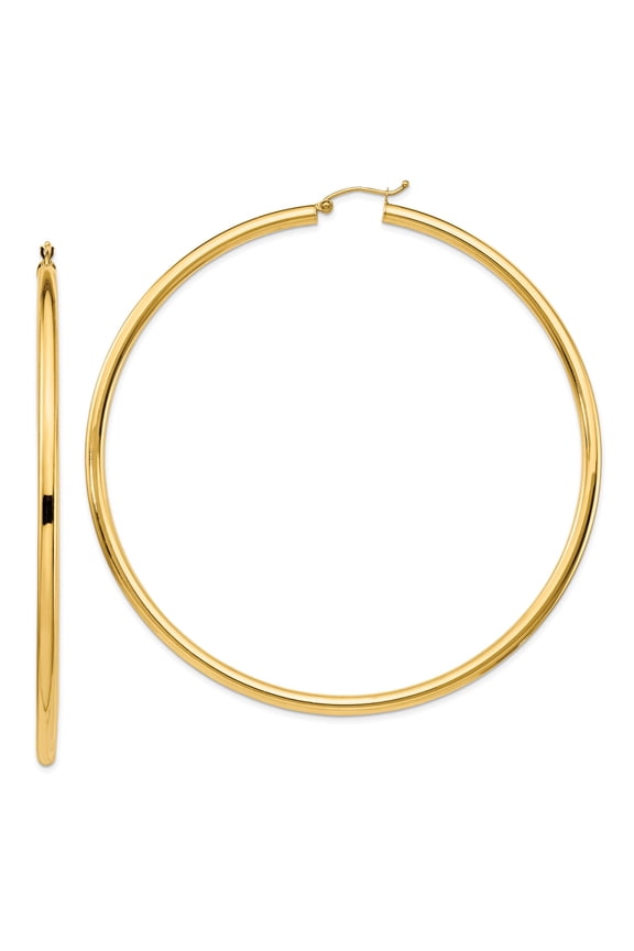 14k Yellow Gold Large Polished Hoop Earrings, 80mm Round Hoops for Women