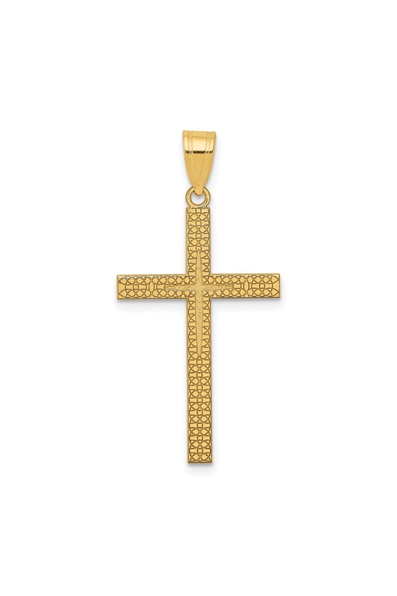14k Yellow Gold Latin Cross Pendant Necklace for Men and Women Diamond Cut Religious Jewelry with Textured Design and Flared Bail Classic Spiritual Accessory for Everyday or Formal Wear