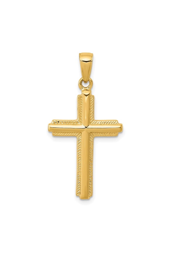 14k Yellow Gold Latin Cross Pendant Necklace for Men and Women with Polished Finish Striped Texture Ridge Border Religious Jewelry Spiritual Design Vertical Charm Classic High Shine Style