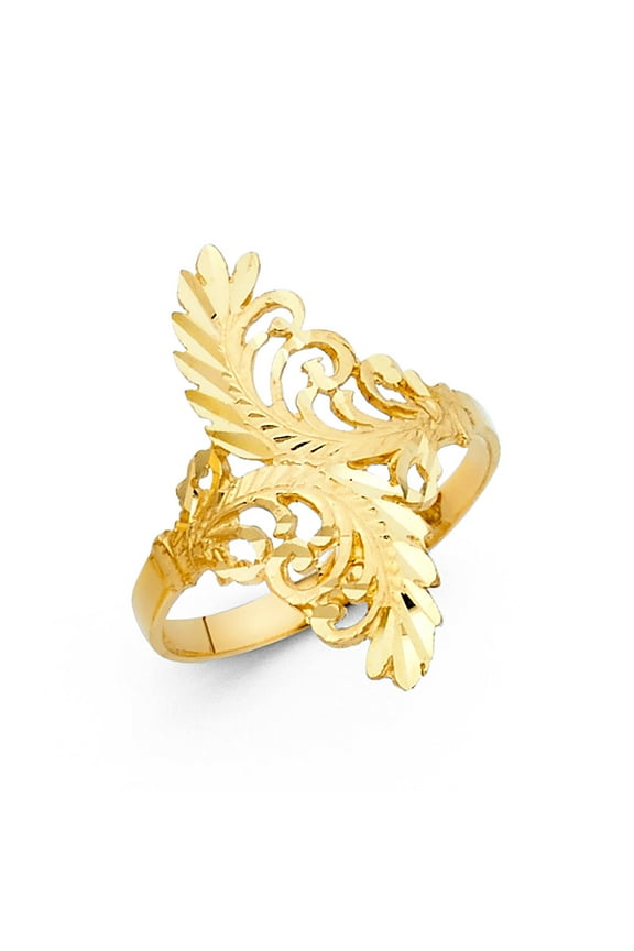 14k Yellow Gold Leaf Ring Diamond Cut Polished Finish Genuine Solid Fancy Women 25MM Size 8