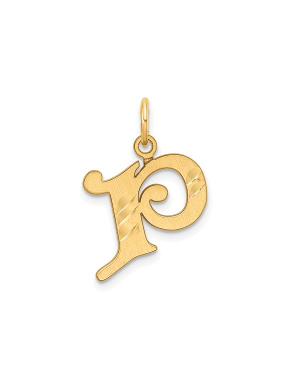 14k Yellow Gold Letter P Initial Pendant Charm, Cursive Diamond-Cut Monogram