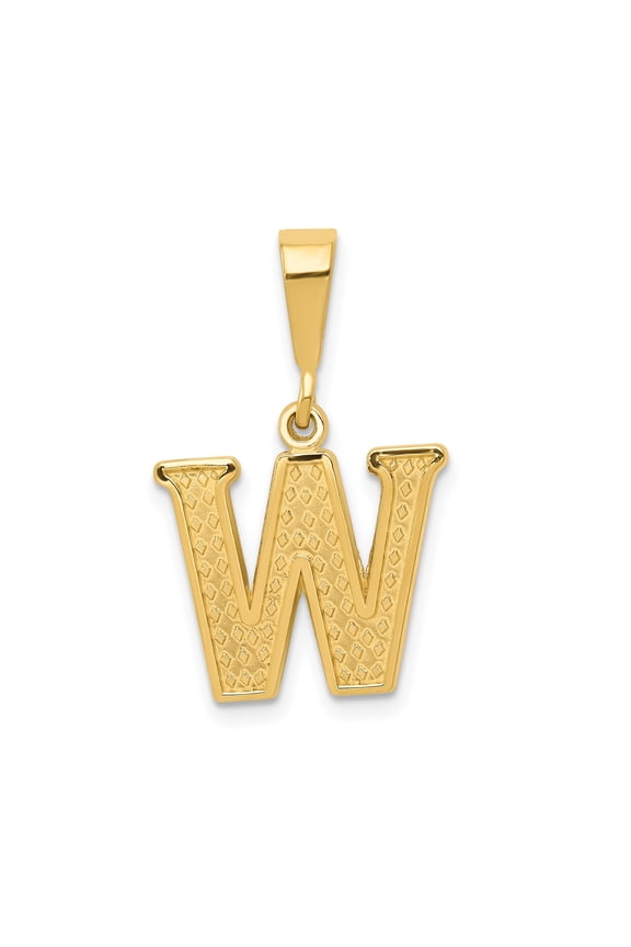 14k Yellow Gold Letter W Pendant Necklace, Textured Diamond-Cut Initial Charm for Women or Unisex, Block Style Alphabet Monogram Jewelry, Dainty Personalized Identity Accessory
