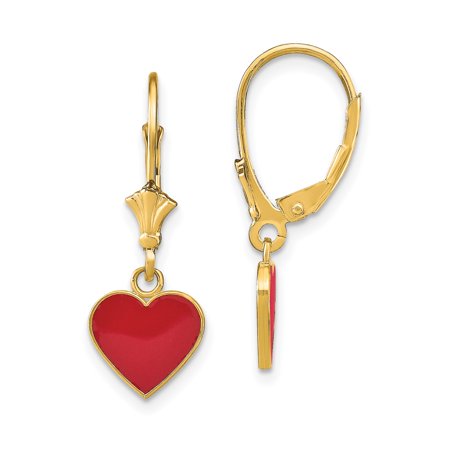 14k Yellow Gold Red Enamel Heart Leverback Drop Earrings for Women