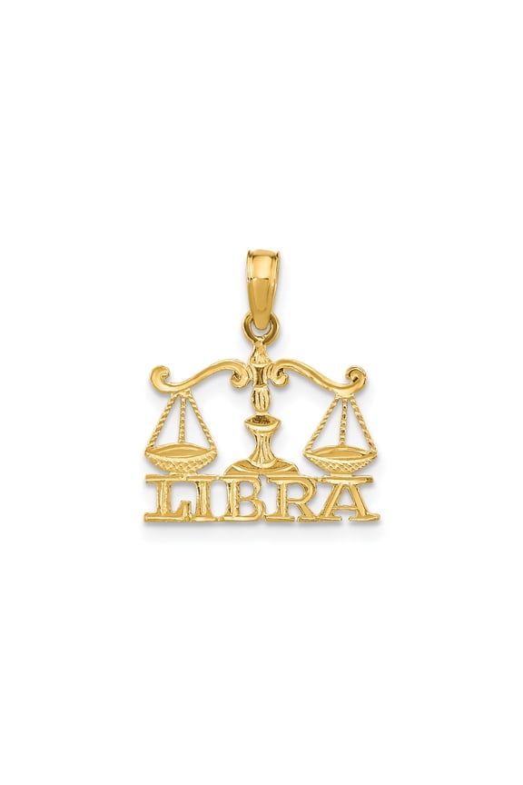 14k Yellow Gold Libra Zodiac Pendant Necklace with Scales Symbol and Libra Text, Unisex Astrology Jewelry for Men and Women, Horoscope Medallion Representing Balance and Harmony