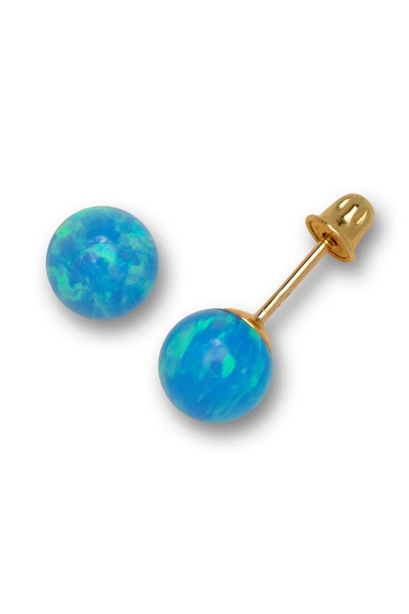 14k Yellow Gold Light Blue 6mm Simulated Opal Ball Screw-Back Earrings