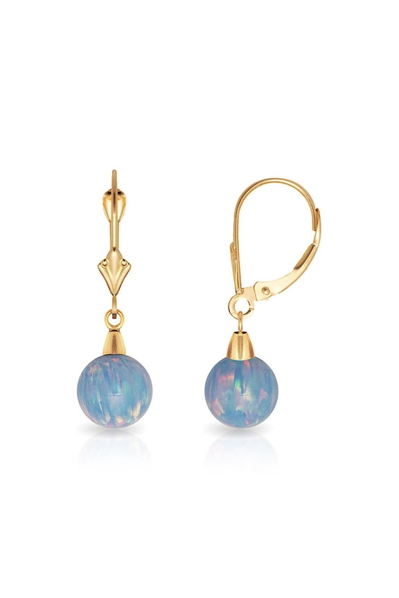 14k Yellow Gold Light Blue 8x8mm Simulated Opal Ball Drop Leverback Earrings - Measures 27x8mm