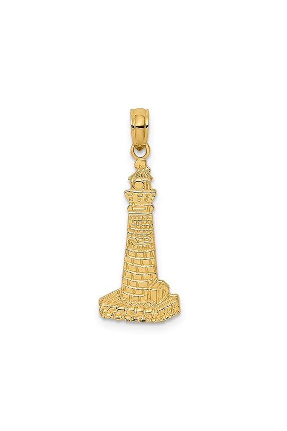 14k Yellow Gold Lighthouse Pendant for Women or Unisex, Nautical Jewelry with Brick Tower Design, Symbol of Hope, Guidance, Safety, Coastal Beach-Themed Ocean Charm