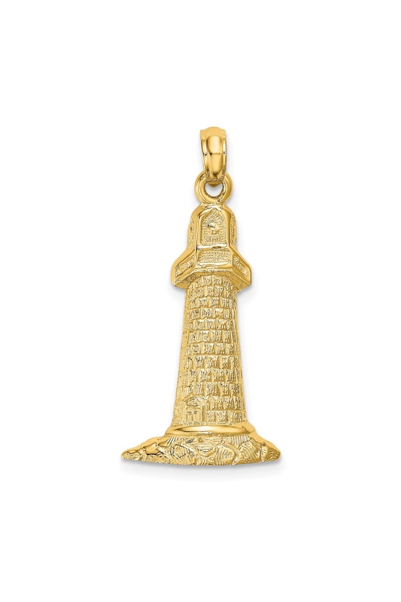 14k Yellow Gold Lighthouse Pendant for Women or Unisex, Nautical Jewelry with Brickwork and Wave Base, Symbol of Guidance, Hope, Protection, Maritime Style Necklace Charm