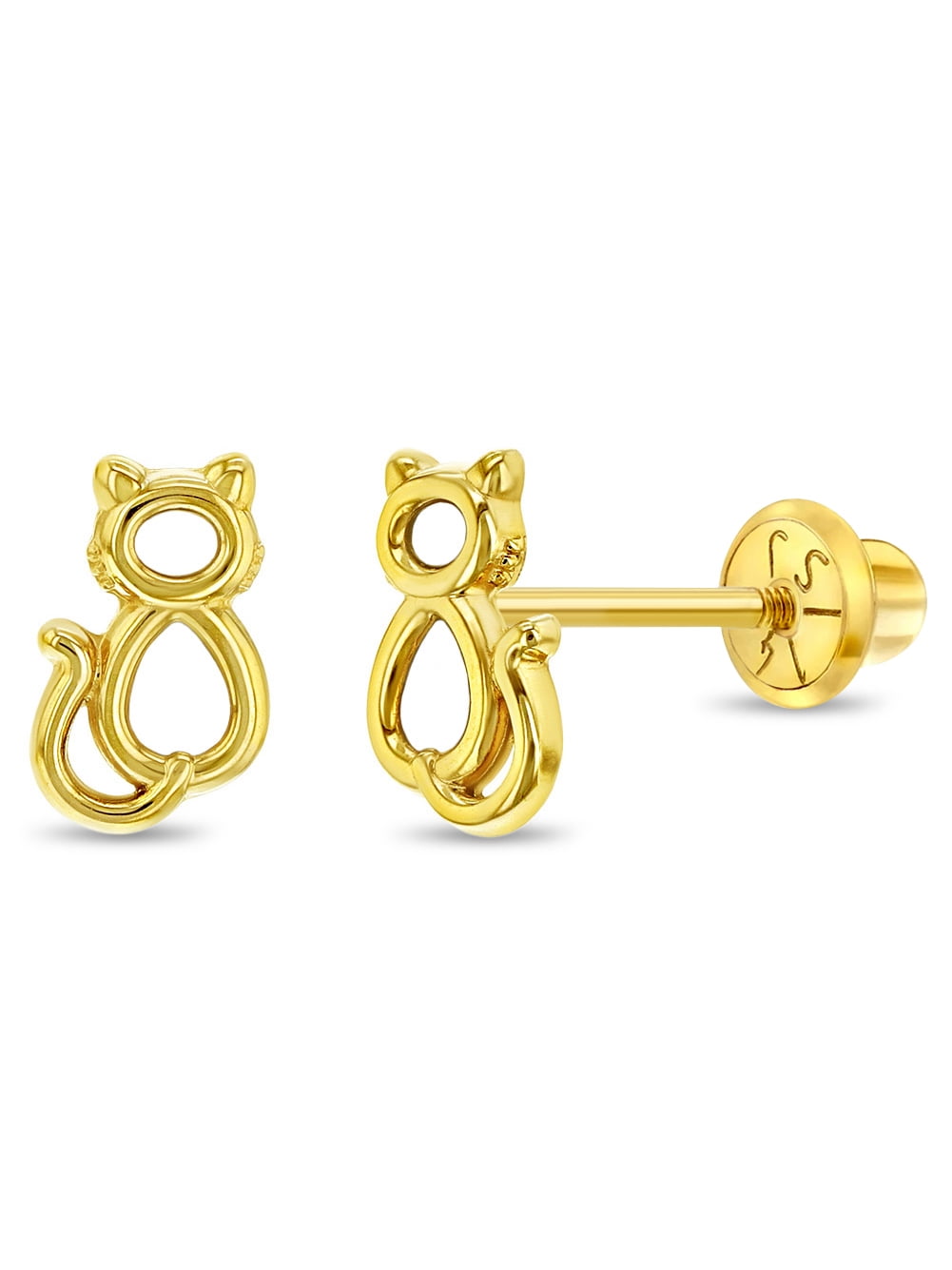 14k Yellow Gold Little Kitten Screw Back Earrings for Toddlers to