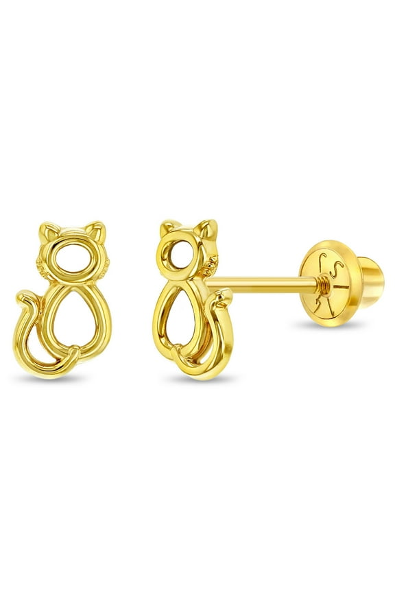 14k Yellow Gold Little Kitten Screw Back Earrings for Toddlers to Little Girls