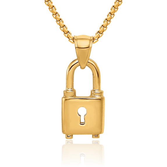 14K Solid Yellow Gold Lock Necklace Chain Pendant Charm