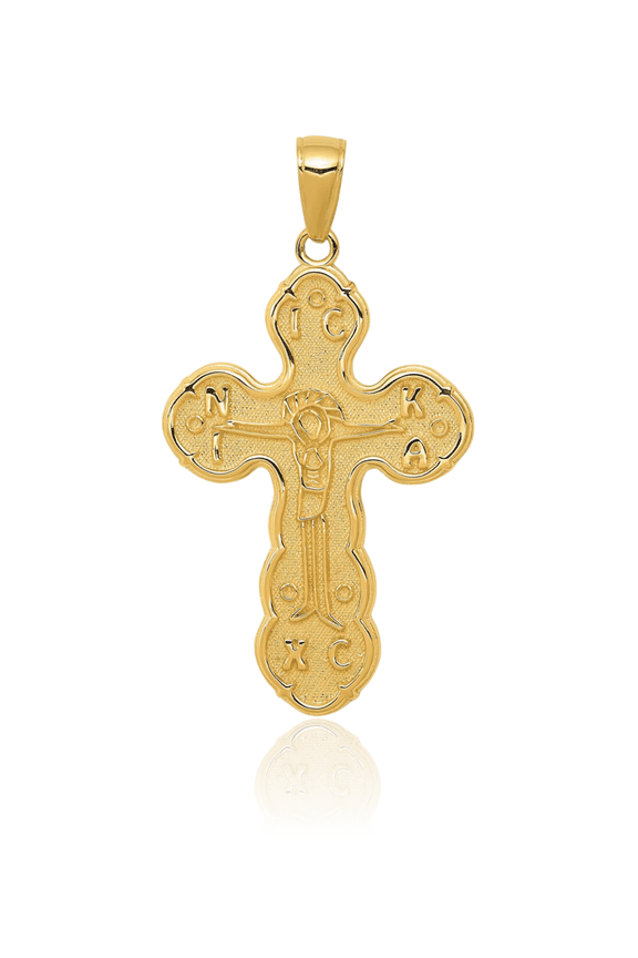 14K Solid Yellow Gold Orthodox Extra Large Jesus Crucifix Cross Pendant Necklace - 38mm 1-1/2 inch - Polished, Satin Adult