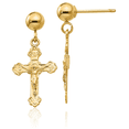thumbnail image 1 of 14K Solid Yellow Gold Lord Jesus Christ Crucifix Holy Hanging Cross Christian Religious Drop Dangle Earrings, 1 of 8