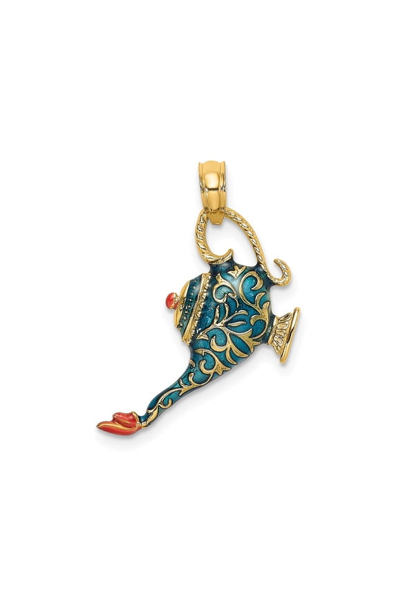 14k Yellow Gold Magic Lamp Pendant with Enamel Accents, Middle Eastern Scrollwork, Fantasy Symbol for Men and Women, Unisex Aladdin Inspired Jewelry Accessory