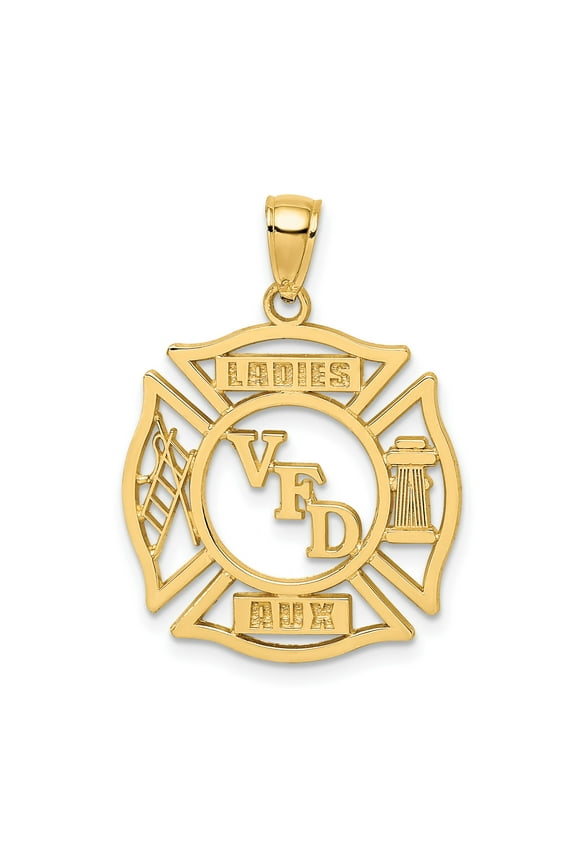14k Yellow Gold Maltese Cross Pendant for Women, Volunteer Firefighter Necklace with VFD Ladies Auxiliary Emblem, Fire Department Symbol of Service and Unity