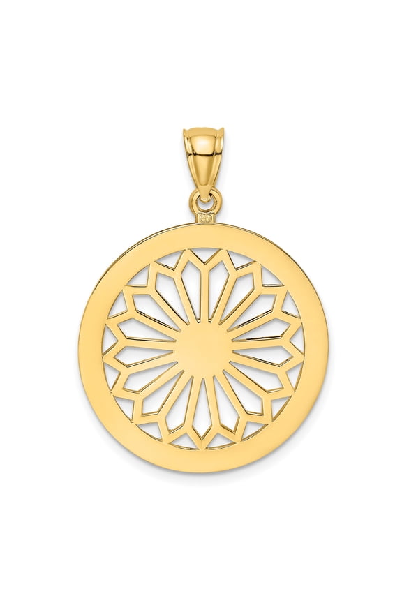 14k Yellow Gold Mandala Pendant for Women, Round Sunburst Medallion with Geometric Openwork Design, Boho Yoga Layering Jewelry Symbolizing Unity Harmony and Energy