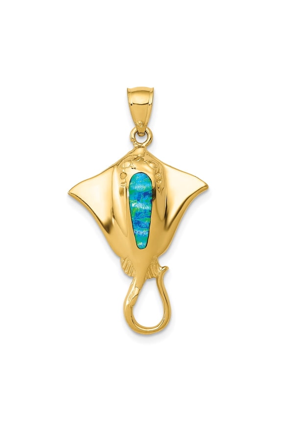 14k Yellow Gold Manta Ray Pendant with Blue Green Opal Inlay, Ocean Animal Necklace for Women, Nautical Marine Life Jewelry, Sea Creature Tropical Style, Unisex Beach Theme Accessory