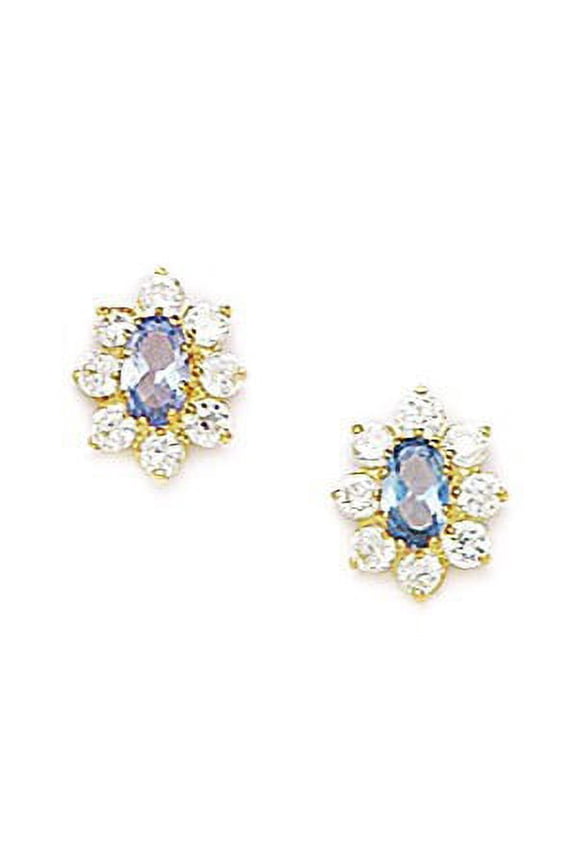 14k Yellow Gold March Lt-Blue 3x5mm CZ Flower Screw-Back Earrings - Measures 10x8mm