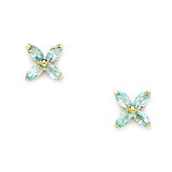 14k Yellow Gold March Lt-Blue CZ 4 Petal Flower Screw-Back Earrings - Measures 5x5mm