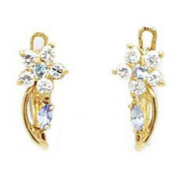 14k Yellow Gold March Lt-Blue CZ Flower and Leaf Leverback Earrings - Measures 13x5mm