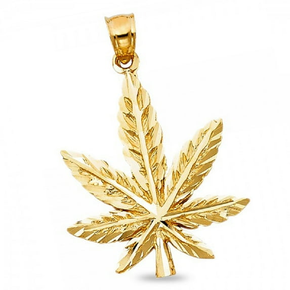 14k Yellow Gold Marijuana Leaf Pendant Pot Charm 420 Cannabis Diamond Cut Hip Hop Style 27 x 24 mm