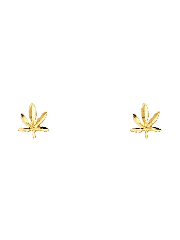 14k Yellow Gold Marijuana Leaf Stud Pot 420 High Weed Earrings Jewelry Female Unisex